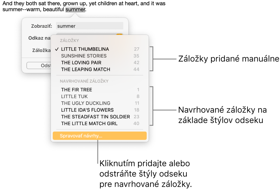 Zoznam záložiek s manuálne pridanými záložkami navrchu a navrhovanými záložkami pod nimi. Možnosť Spravovať návrhy je v spodnej časti.