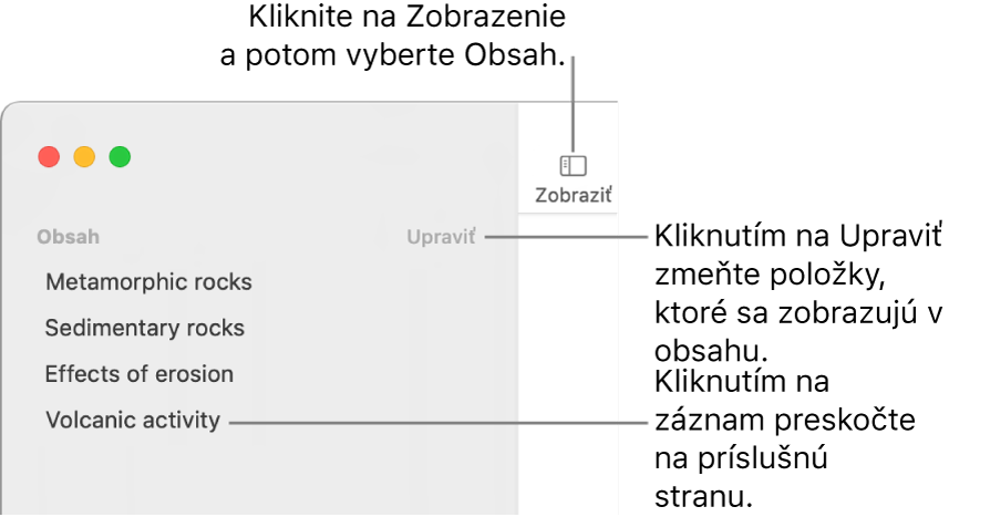 Obsah na ľavej strane okna Pages s tlačidlom Upraviť v pravom hornom rohu postranného panela a položkami obsahu v zozname.