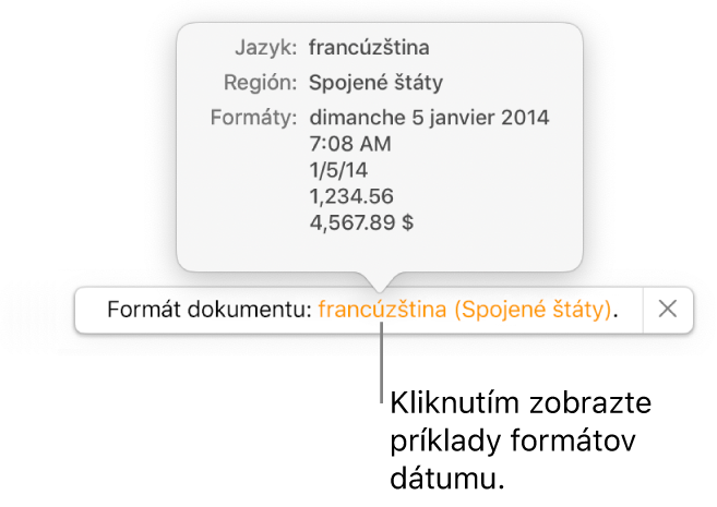Hlásenie o inom jazyku a nastavení regiónu zobrazujúce príklady formátovania v danom jazyku a regióne.