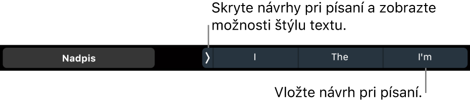 Touch Bar na MacBooku Pro s ovládacími prvkami na výber štýlu textu, skrytie návrhov pri písaní a vkladanie návrhov pri písaní.