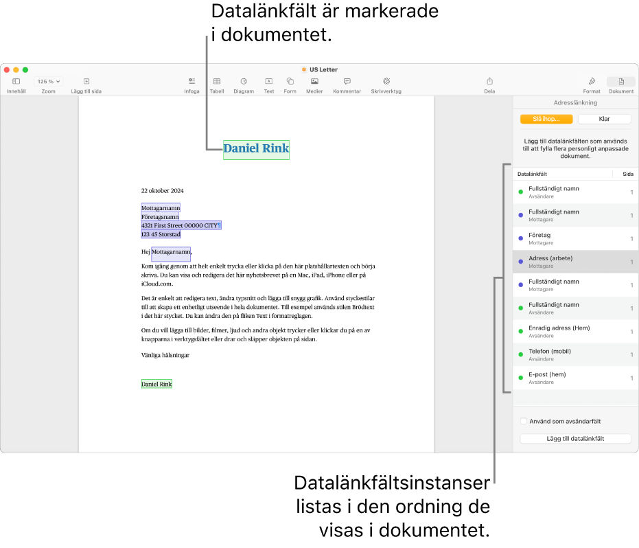 Pages-dokument med datalänkfält för mottagare och avsändare. Instanslistan för datalänkfältet är synligt i dokumentsidofältet.