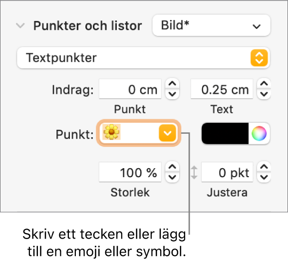 Avsnittet Punkter och listor i formatsidofältet. Fältet Punkt visar en blomemoji.