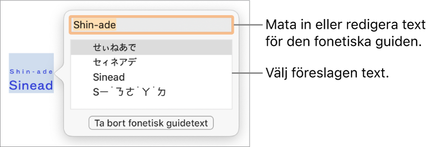 Den fonetiska guiden är öppen för ett ord, med linjer som pekar på textfältet och föreslagen text.