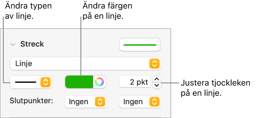 Streckreglagen för att ställa in slutpunkter, linjetjocklek och färg.