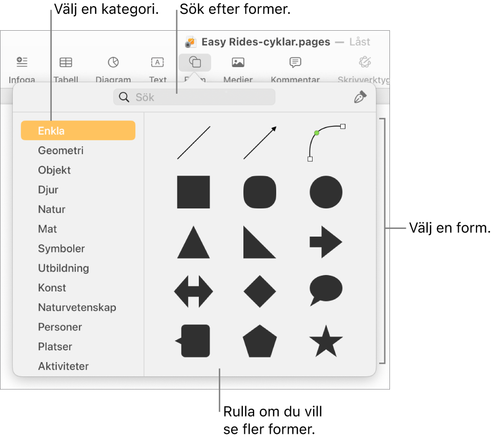 Formbiblioteket med kategorier listade till vänster och former till höger. Du kan använda sökfältet högst upp till att hitta former och rulla för att visa fler.