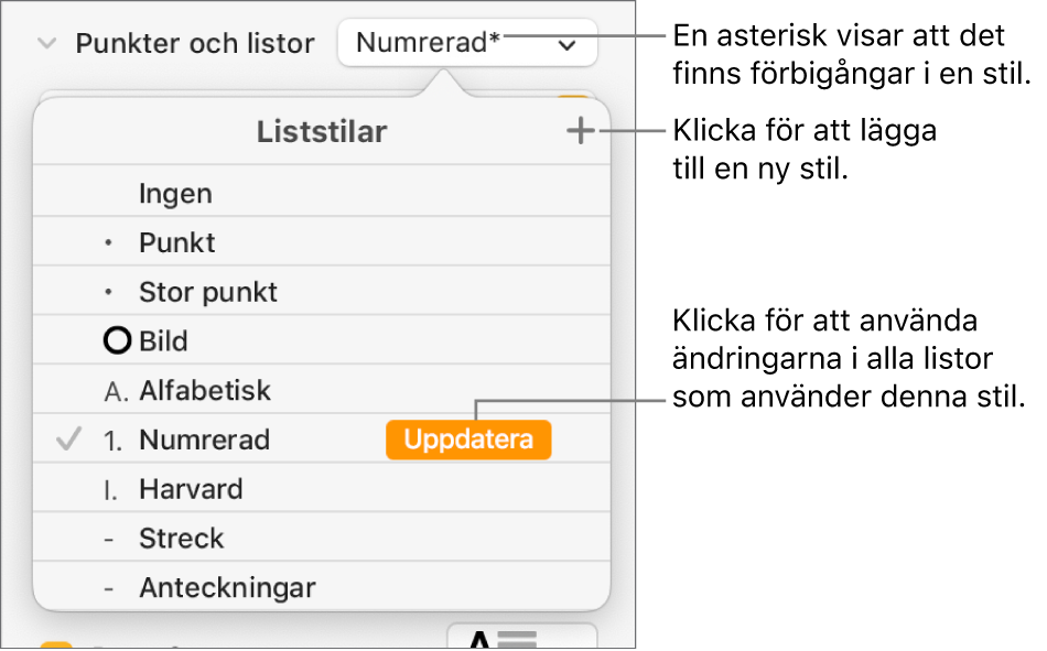 Popupmenyn Liststilar med en asterisk som anger en förbigång, och pilar till knappen Ny stil och till en undermeny med alternativ för hantering av stilar.