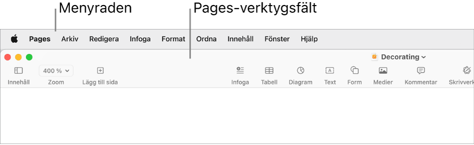 Menyraden överst på skärmen med menyerna Apple, Pages, Arkiv, Redigera, Infoga, Format, Ordna, Innehåll, Dela, Fönster och Hjälp. Nedanför menyraden visas ett öppet Pages-dokument med knappar i verktygsfältet överst för vy, zooma, lägga till sida, infoga, tabell, diagram, text, form, media och kommentar.