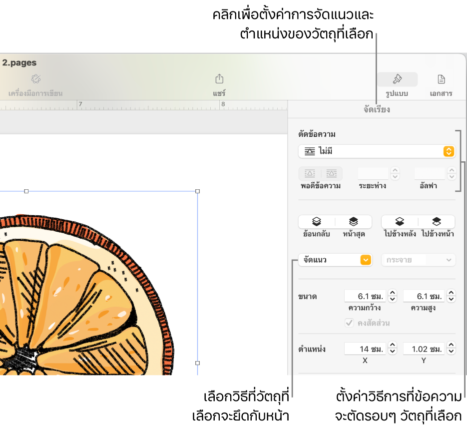 เมนูรูปแบบที่มีแถบด้านข้างจัดเรียงแสดงอยู่ การตั้งค่าการวางวัตถุอยู่ที่ด้านบนสุดของแถบด้านข้างจัดเรียง โดยมีการตั้งค่าตัดข้อความอยู่ด้านล่าง