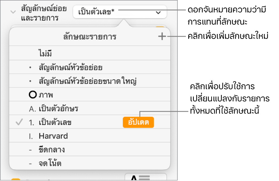 เมนูลักษณะรายการที่แสดงขึ้นที่มีเครื่องหมายดอกจันซึ่งบ่งบอกถึงการแทนที่และคำอธิบายปุ่มลักษณะใหม่ และเมนูย่อยของตัวเลือกสำหรับจัดการลักษณะ