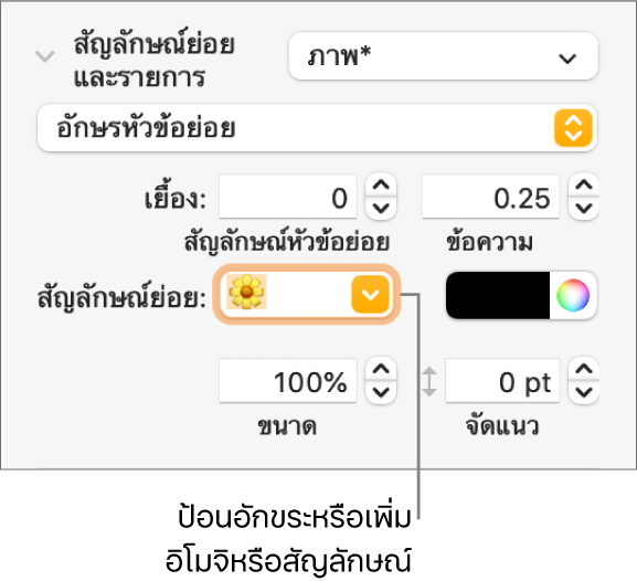 ส่วนสัญลักษณ์ย่อยและรายการของแถบด้านข้างรูปแบบ ช่องสัญลักษณ์หัวข้อย่อยแสดงอิโมจิดอกไม้