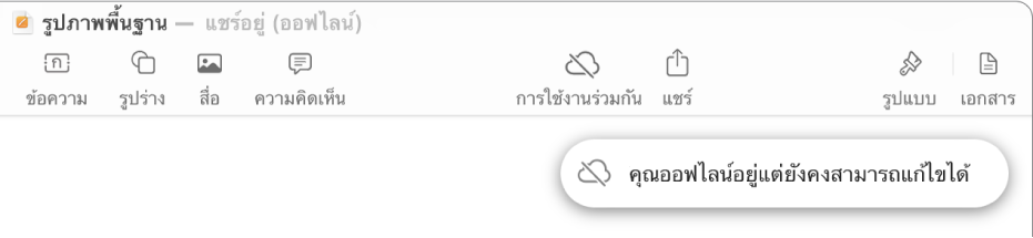 ปุ่มต่างๆ ด้านบนสุดของหน้าจอ ซึ่งมีปุ่มการใช้งานร่วมกันที่เปลี่ยนเป็นรูปเมฆที่มีเส้นทแยงมุมทะลุผ่าน การเตือนบนหน้าจอแจ้งว่า “คุณออฟไลน์อยู่แต่ยังคงสามารถแก้ไขได้”