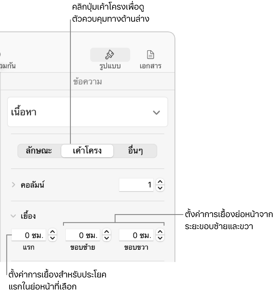 ตัวควบคุมในส่วนเค้าโครงของแถบด้านข้างรูปแบบสำหรับการตั้งค่าการเยื้องบรรทัดแรก