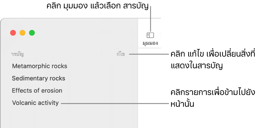 สารบัญที่ด้านซ้ายของหน้าต่าง Pages พร้อมกับปุ่มแก้ไขที่มุมขวาบนของแถบด้านข้างและรายการสารบัญในรูปแบบรายการ ปุ่มมุมมองอยู่ที่มุมซ้ายบนของแถบเครื่องมือ Pages เหนือแถบด้านข้าง