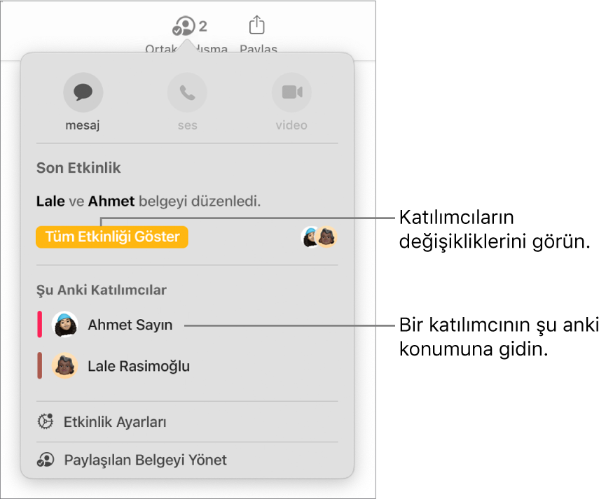 Ortak çalışma menüsünde iki güncel katılımcı listeleniyor.