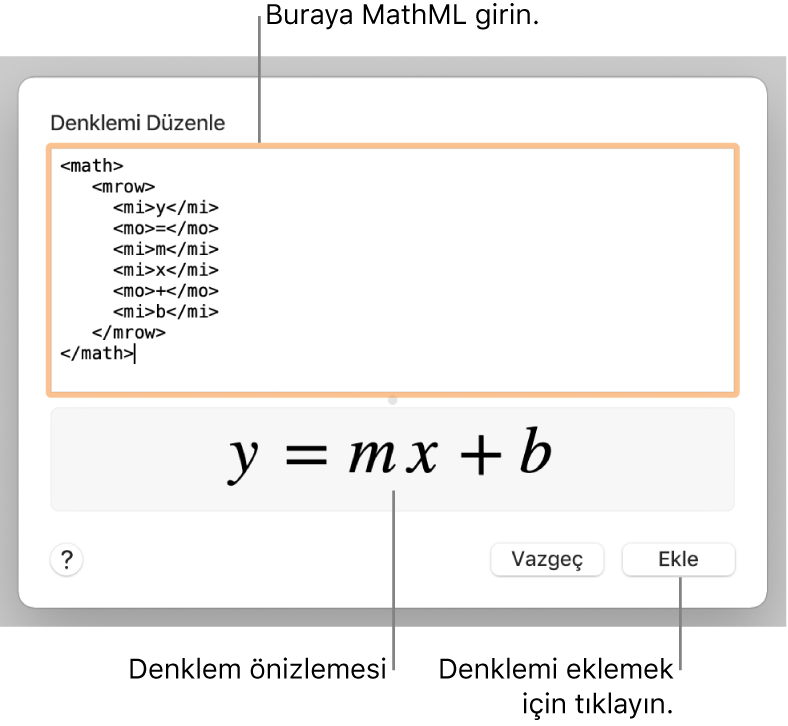 Denklemi Düzenle alanına girilmiş bir çizgi eğimi denklemi ve altta formülün önizlemesi.