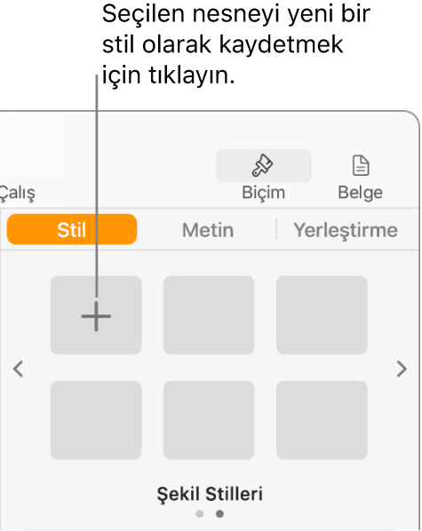 Sol üst köşede Stil Yarat düğmesi ve beş boş stil yer tutucusuyla Biçim kenar çubuğunun Stil sekmesi.