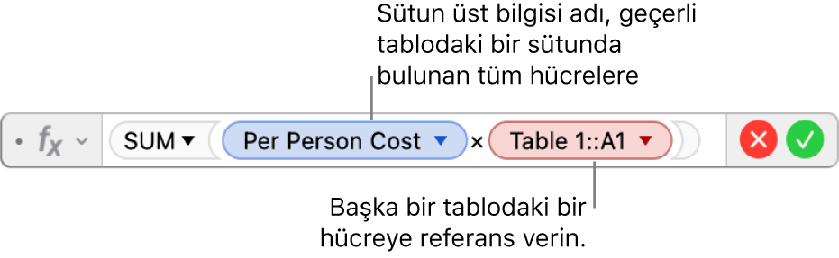 Bir tabloda sütuna ve başka bir tabloda hücreye başvuran bir formül gösteren Formül Düzenleyici.