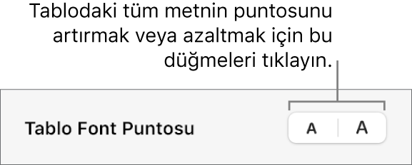 Tablodaki tüm metnin büyüklüğünü değiştirme denetimleri.
