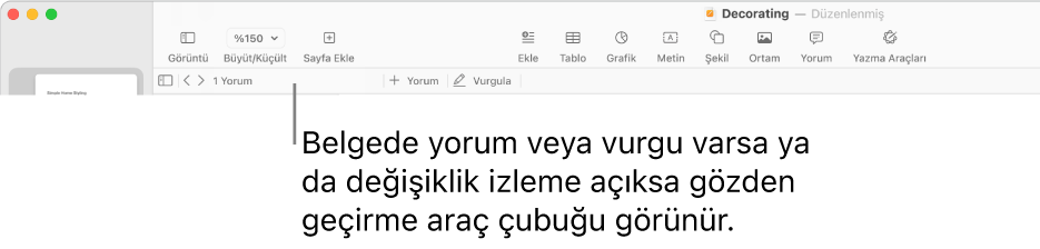 Üst kısım boyunca yer alan Görüntü, Büyüt/Küçült, Sayfa Ekle, Ekle, Tablo, Grafik, Metin, Şekil, Ortam ve Yorum düğmeleri ile ekranın en üstündeki Pages araç çubuğu. Pages araç çubuğunun altında yorumları gizle veya göster düğmesi, önceki veya sonraki yoruma gitme okları, toplam yorum sayısı, ve yorum ekle ya da vurgula düğmeleri ile yorum araç çubuğu bulunur.