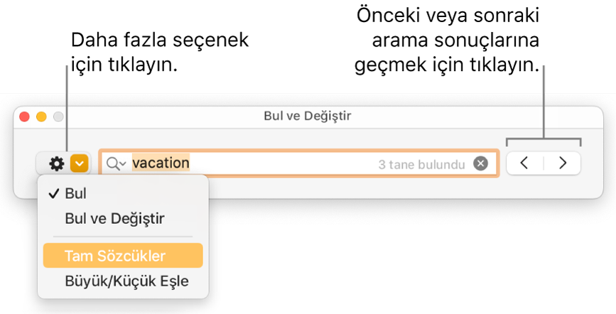 Bul ve Değiştir penceresi; Bul, Bul ve Değiştir, Tam Sözcükler ve Büyük/Küçük Eşle seçeneklerini gösteren açılır menüyü içerir. Sağ taraftaki oklar, önceki veya sonraki arama sonuçlarına gitmenizi sağlar.