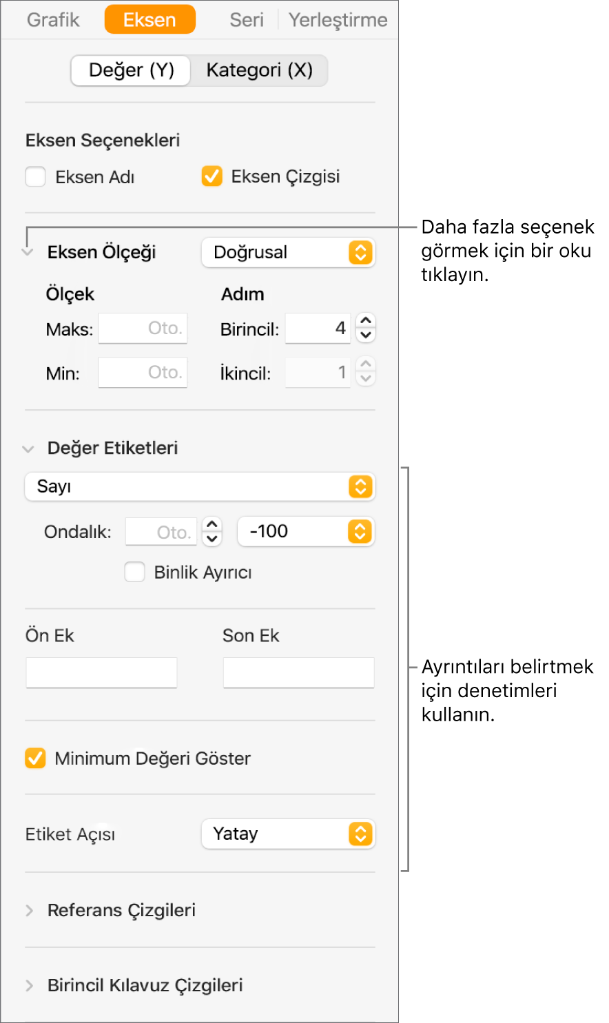 Grafik ekseni işaretlerini biçimleme denetimleri.