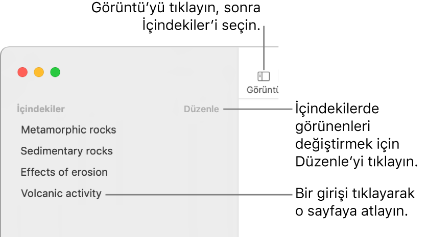 Kenar çubuğunun sağ üst köşesinde Düzenle düğmesi ve listede içindekiler girişleri ile Pages penceresinin sol tarafındaki içindekiler.