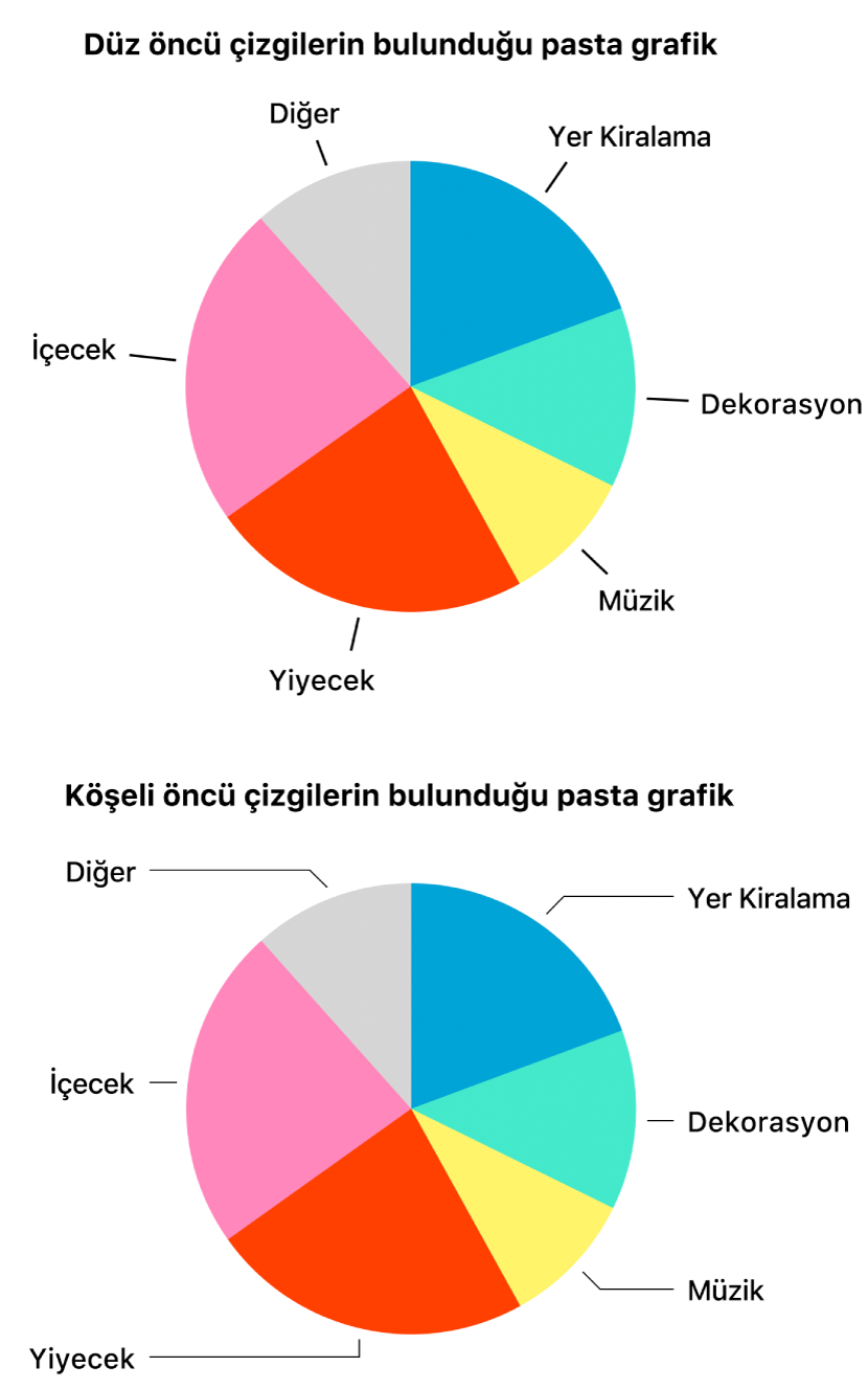 Biri düz diğeri köşeli öncü çizgiye sahip iki pasta grafiği.