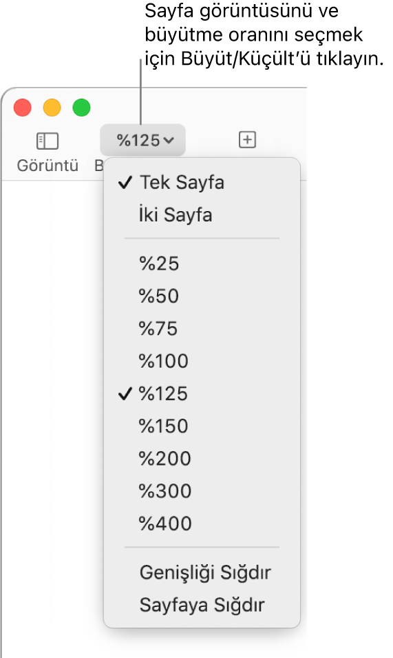 En üstte bir sayfa ve iki sayfa görüntüleme seçeneği, onun altında %25 ile %400 arasında değişen yüzdeler ve en altta Genişliği Sığdır ve Sayfaya Sığdır ile Büyüt/Küçült açılır menüsü.
