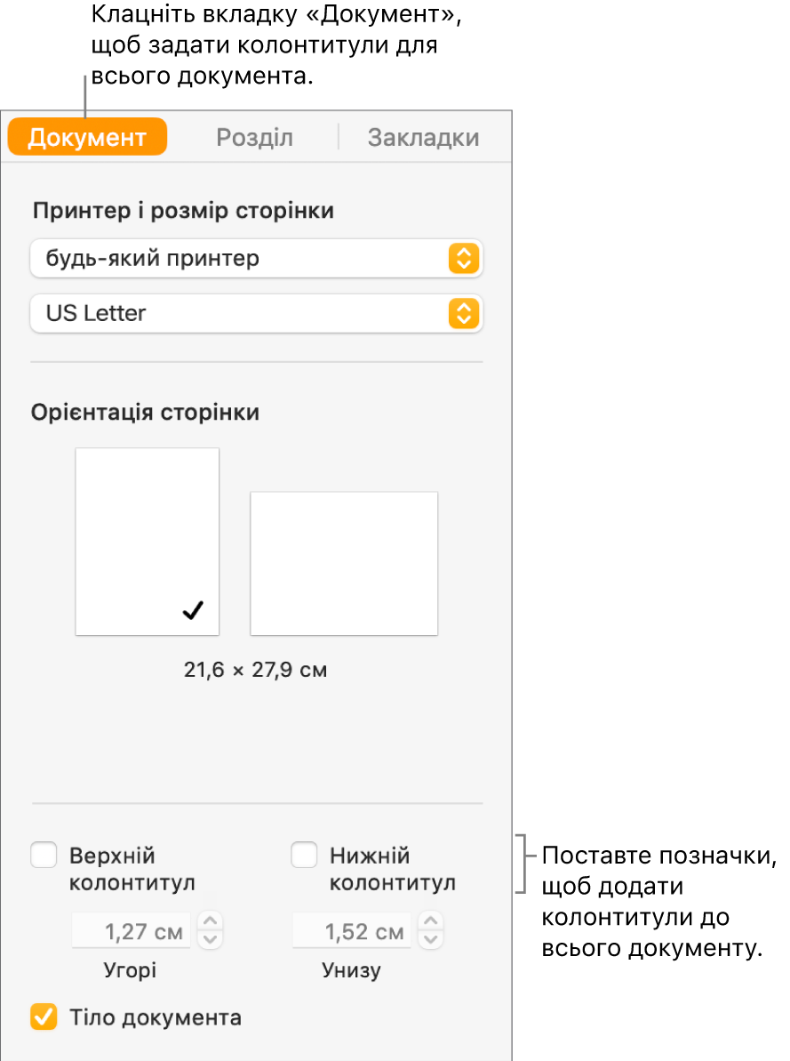 Бокова панель «Документ», вгорі бокової панелі вибрано вкладку «Документ». Під позначками для верхнього і нижнього колонтитулів є стрілочки для встановлення відстані від колонтитула до верху і низу сторінки.