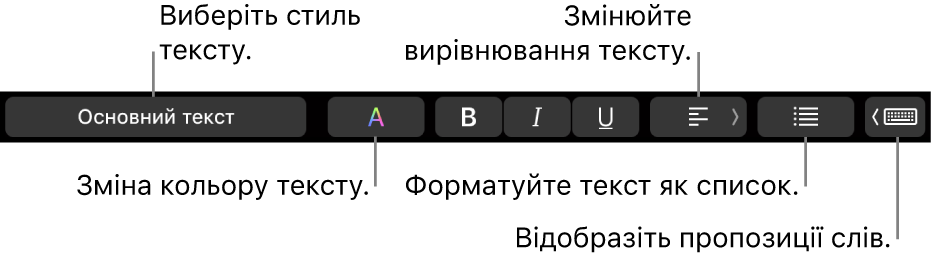 Панель Touch Bar в MacBook Pro з елементами керування для змінення стилю тексту, кольору тексту, вирівнювання, форматування тексту в список і відображення пропозицій вводу.