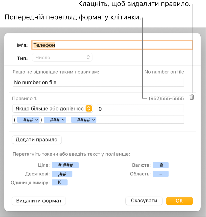 Вікно власного формату клітинок із засобами для вибору спеціального форматування чисел.