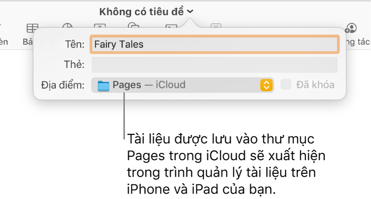 Hộp thoại Lưu tài liệu Pages – iCloud trong menu bật lên Vị trí.