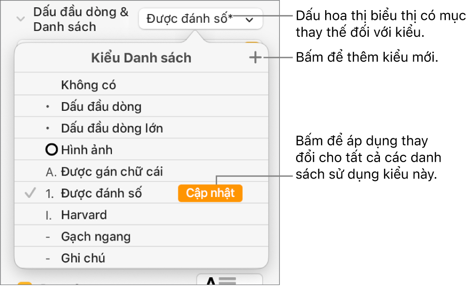 Menu bật lên Kiểu danh sách với dấu hoa thị biểu thị giá trị thay thế và các lời nhắc đến nút Kiểu mới và menu con chứa các tùy chọn quản lý kiểu.