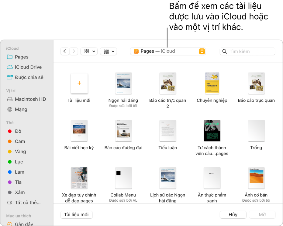 Hộp thoại Mở với thanh bên mở ở bên trái và iCloud Drive được chọn trong menu bật lên ở đầu. Các thư mục cho Keynote, Numbers và Pages xuất hiện trong hộp thoại, cùng với nút Tài liệu mới.