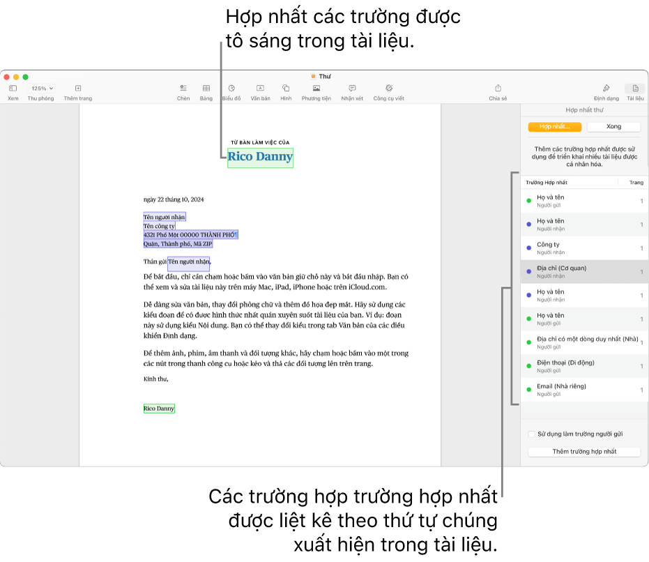 Tài liệu Pages với các trường hợp nhất người nhận và người gửi và danh sách trường hợp trường hợp nhất hiển thị trong thanh bên Tài liệu.