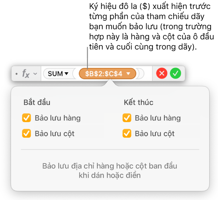 Trình sửa công thức đang hiển thị các tùy chọn Bảo lưu hàng và Bảo lưu cột được chọn cho một phạm vi nhất định.