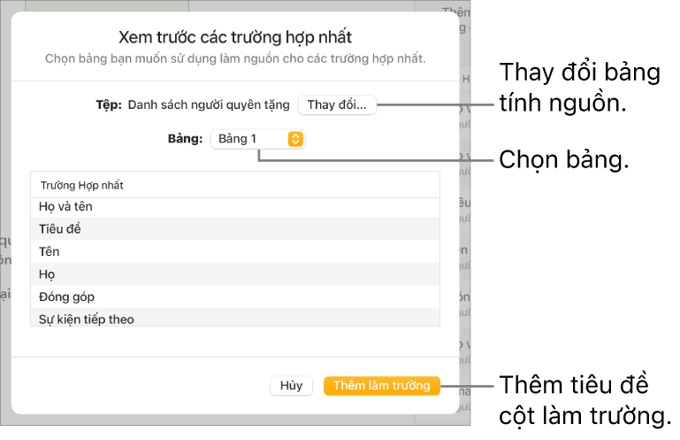 Khung Xem trước trường hợp nhất mở ra, với các tùy chọn để thay đổi tệp hoặc bảng nguồn, xem trước các tên trường hợp nhất hoặc thêm phần đầu cột làm trường.