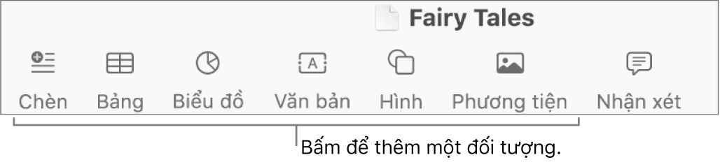 Thanh công cụ với các nút để thêm bảng, biểu đồ, văn bản, hình và phương tiện.