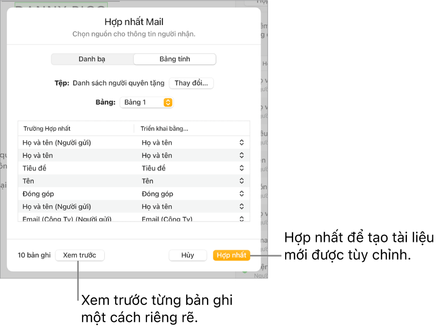 Khung Hợp nhất thư mở ra, với các tùy chọn để thay đổi tệp hoặc bảng nguồn, xem trước các tên trường hợp nhất hoặc hợp nhất tài liệu.