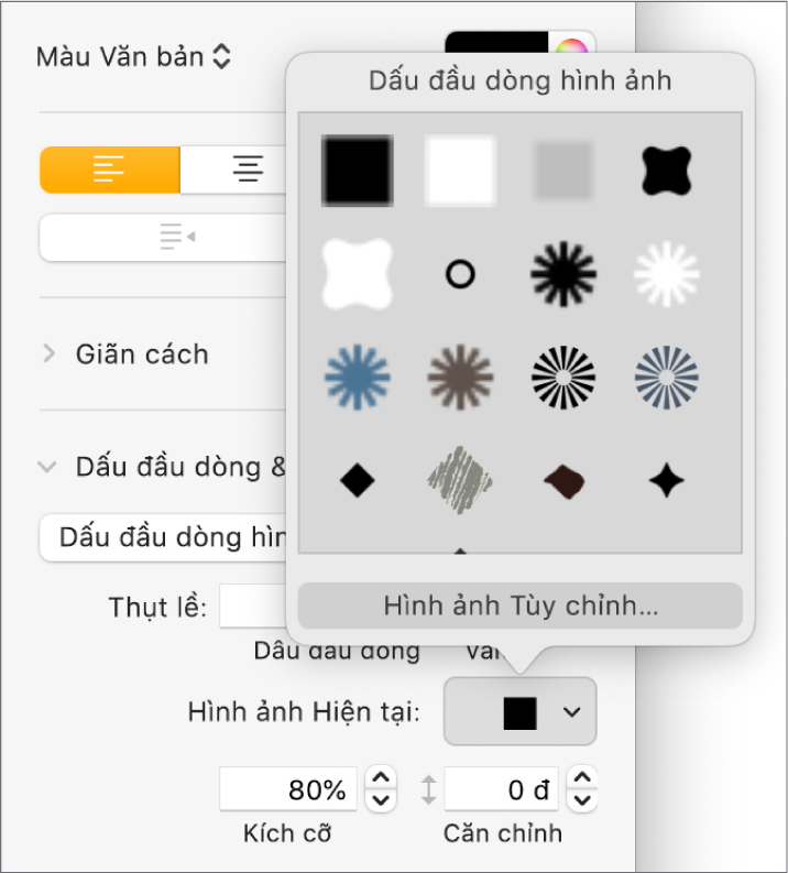 Menu bật lên Đầu dòng hình ảnh.