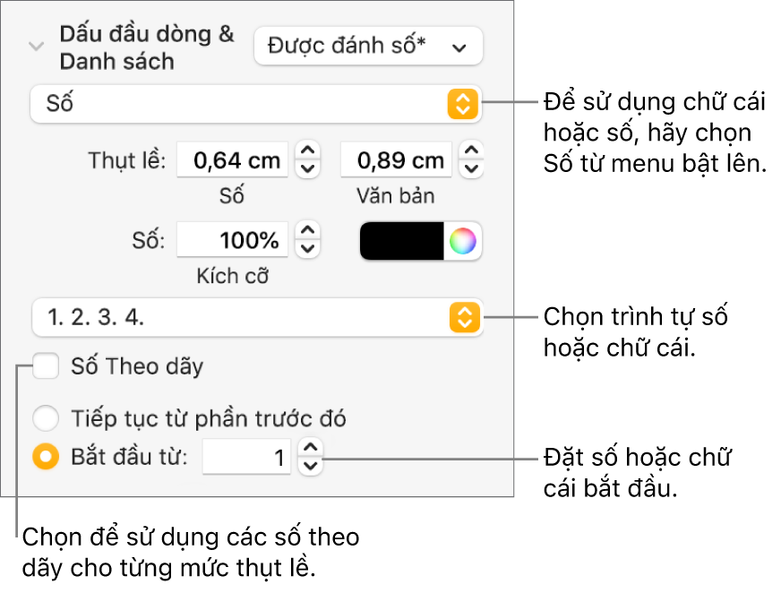 Các điều khiển để thay đổi kiểu số và khoảng cách của danh sách.
