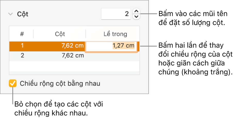 Khung Bố cục của Trình kiểm tra định dạng, hiển thị các điều khiển cột.