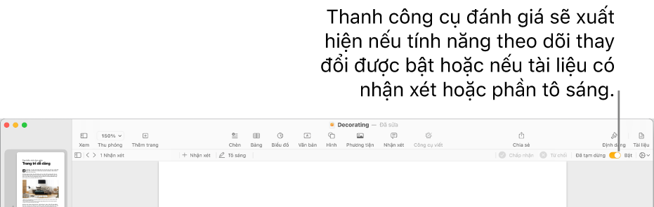 Thanh công cụ Pages với theo dõi thay đổi được bật và thanh công cụ kiểm tra ở bên dưới.