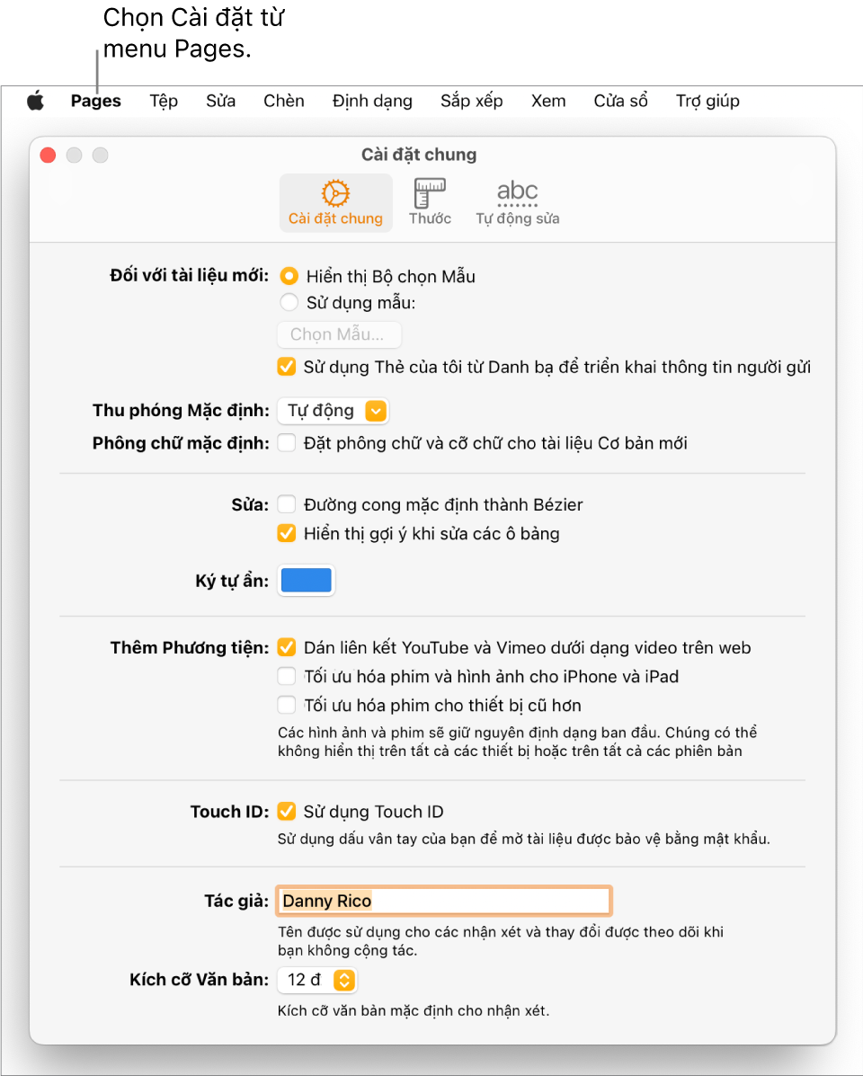 Khung Cài đặt Pages mở đến tab Cài đặt chung.