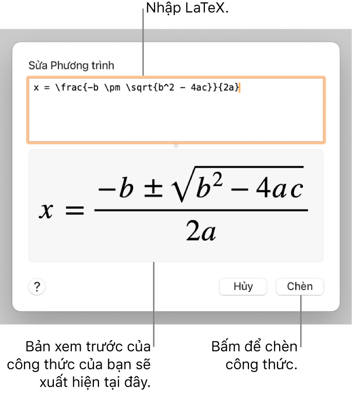 Công thức bậc hai được viết bằng LaTeX trong trường Phương trình và bản xem trước của công thức bên dưới.