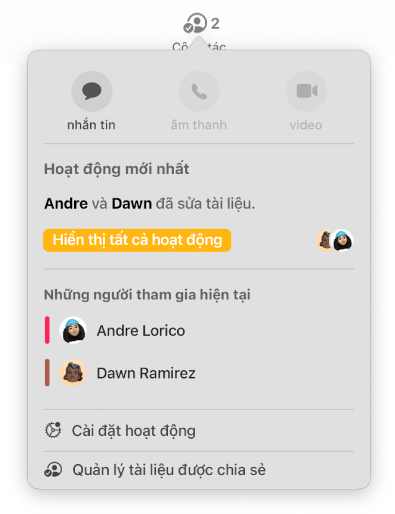 Menu cộng tác đang hiển thị tên của những người đang cộng tác trên tài liệu.