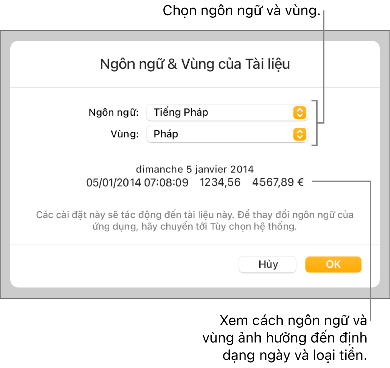 Khung Ngôn ngữ & Vùng với các điều khiển cho ngôn ngữ và vùng và ví dụ về định dạng bao gồm ngày, giờ, phần thập phân và loại tiền.