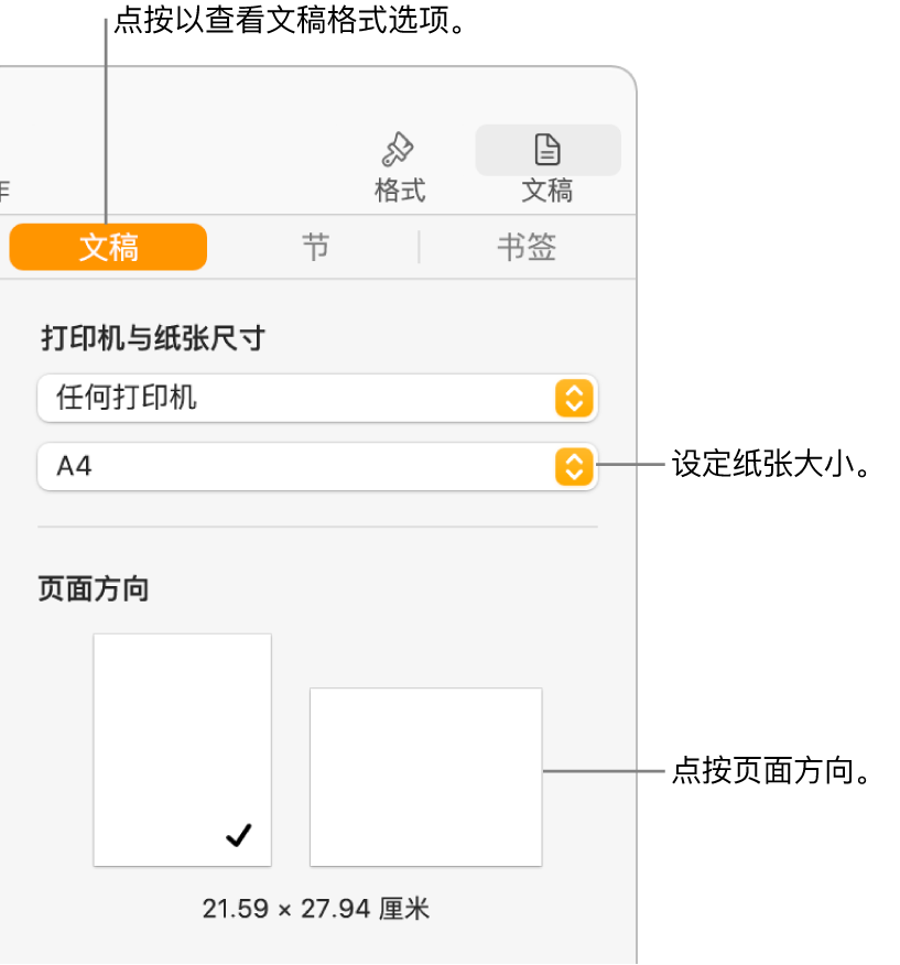 “文稿”边栏，边栏顶部的“文稿”标签被选中。边栏中显示用于设定纸张大小的弹出式菜单和用于竖排和横排页面方向的按钮。