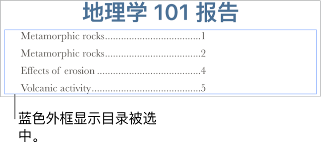 目录被插入到文稿中。条目显示了小标题及其页码。