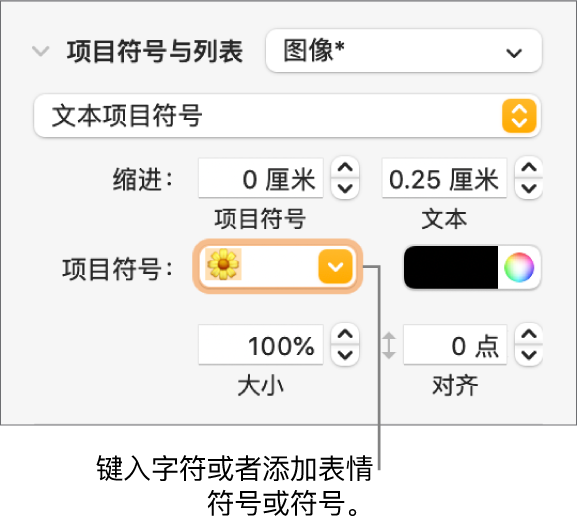 “格式”边栏的“项目符号与列表”部分。显示花朵表情符号的“项目符号”栏。